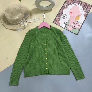 Green Ribbed Knit Cardigan Gold Button Crop Chic Soft 💚